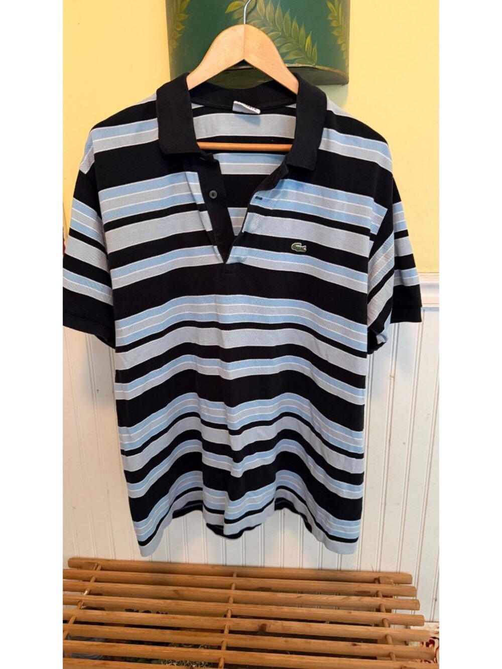 Lacoste Mens Striped Polo Shirt Black & Blue Size 7 With Short Sleeves & Button
